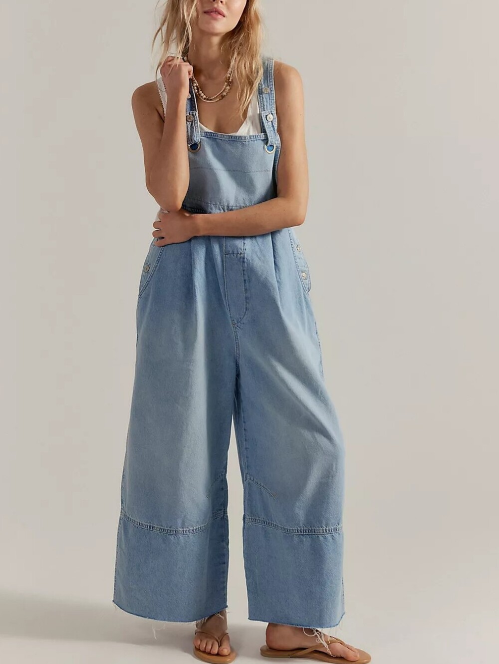 Free People Light Blue Wide-Leg Denim Overalls - Women Jeans